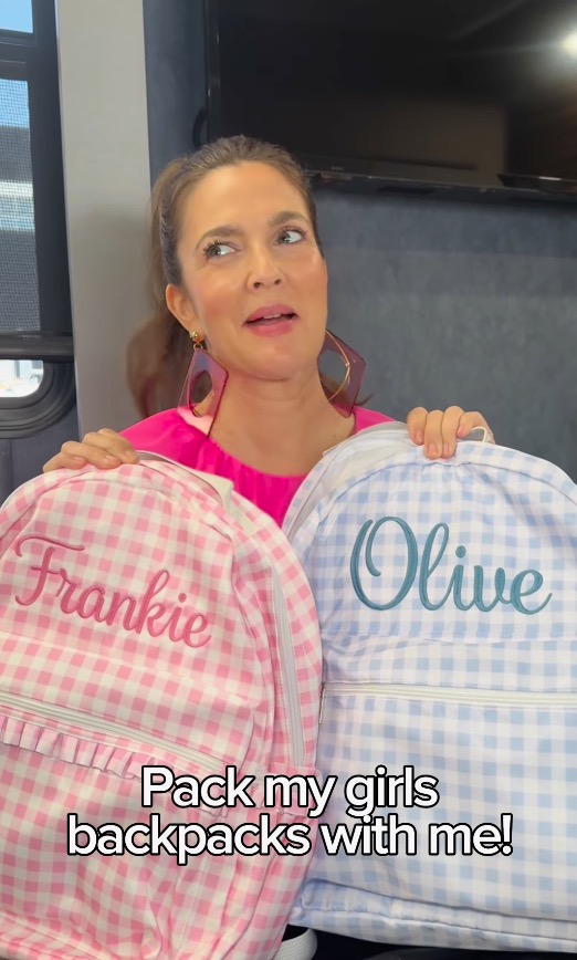 Drew Barrymore in an Instagram video packing her children's backpacks.